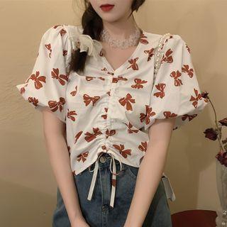 Puff-sleeve Bow Print Drawstring Crop Top