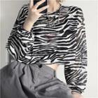 Long-sleeve Zebra Print Mesh Cropped Top