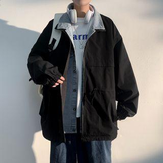 Mock Two-piece Denim Panel Zipped Jacket