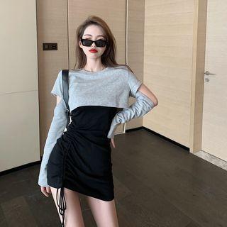 Plain Split Long-sleeve Top / Plain Pleated Skinny Dress