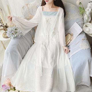 Set: Spaghetti-strap Maxi A-line Hanfu Dress + Chiffon Jacket