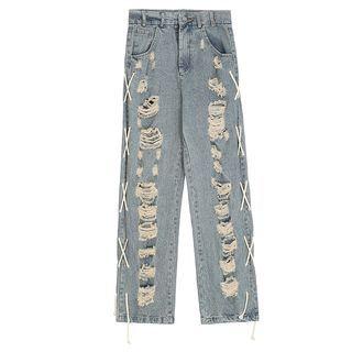 Lace Up Distressed Jeans