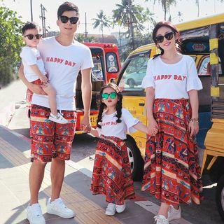 Family Matching Set: Short-sleeve T-shirt + Drawstring Shorts/ A-line Midi Skirt