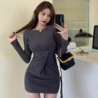Long-sleeve Plain Shirred Knit Dress Gray - One Size