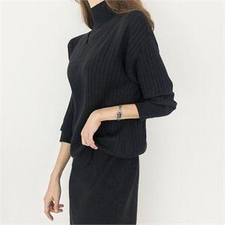 V-neck Rib Top + Mock-neck Sleeveless Dress Knit Set