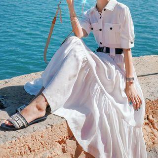 Short-sleeve Pocket Detail Midi Collared Dress