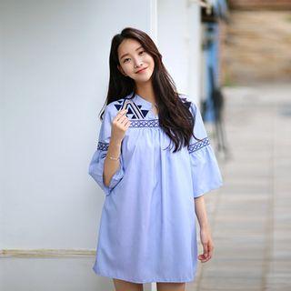 3/4-sleeve Embroidered Stripe Mini Dress
