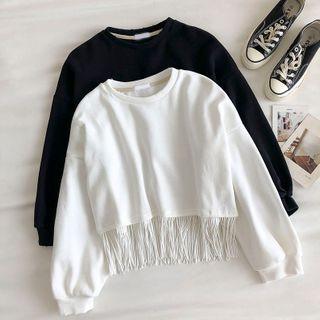 Plain Crewneck Fringed Long-sleeve Sweatshirt