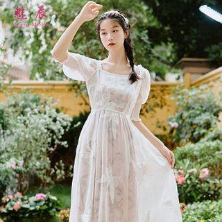 Set: Leaf Print Spaghetti Strap Midi Shift Dress + Butterfly Embroidered Short-sleeve Midi Shift Dress