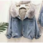 Fluffy-lined Washed Hooded Denim Jacket