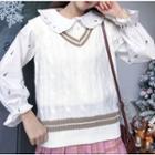 Carrot Embroidered Peter Pan Collar Blouse / V-neck Striped Vest