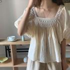 Puff-sleeve Square Neck Lace Trim Blouse Almond - One Size