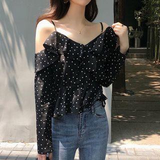 Long-sleeve Cold Shoulder Polka Dot Ruffled Top Black - One Size