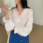 Long-sleeve Lace Perforated Blouse White - One Size