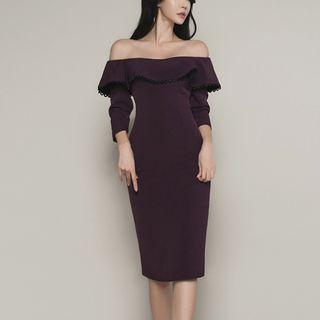 Ruffle Trim Cold Shoulder Midi Sheath Dress