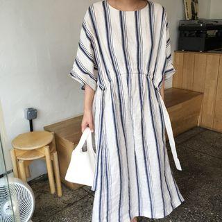 Striped Short-sleeve Midi Dress White - One Size