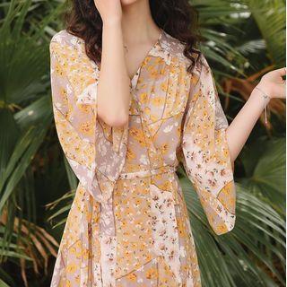 V-neck Print Chiffon Long-sleeve Dress