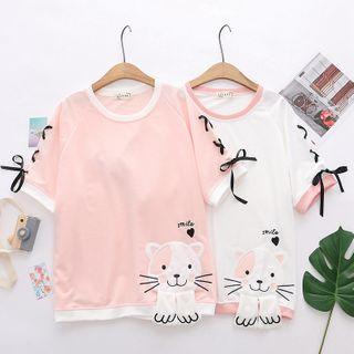 Short-sleeve Lace-up Cat Print T-shirt