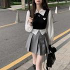 Mock Two-piece Knitted Vest Long Sleeve Shirt / High Waist Pleated Mini Skirt