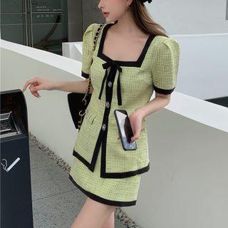 Short-sleeve Plaid Cardigan / Pencil Skirt