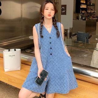 Sleeveless V-neck Floral Denim Playsuit