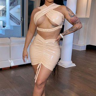 Set: Sleeveless Halter Crisscross Crop Top + Mini Pencil Skirt