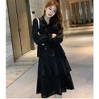 Plain Long-sleeve Tiered A-line Dress Black - One Size