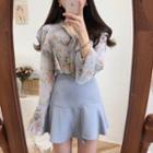 Floral Print Chiffon Blouse / Plain Mini A-line Skirt