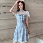 Short-sleeve Plaid Lace Trim A-line Dress