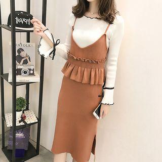 Set: Bell-sleeve Knit Top + Spaghetti Strap Knit Dress