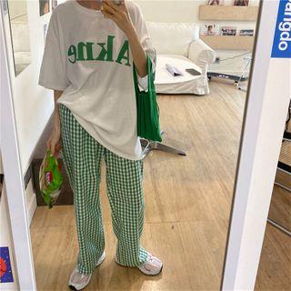Lettering Elbow-sleeve T-shirt / Gingham Wide-leg Pants