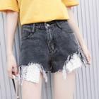 Sequined Panel Ripped Denim Shorts