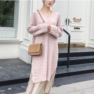 Set: V-neck Long Sweater + Sleeveless Midi A-line Mesh Dress