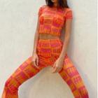 Set: Short-sleeve See-through Print Crop Top + Skinny Pants