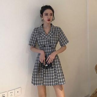 Set: Short-sleeve Mini A-line Plaid Dress + Belt