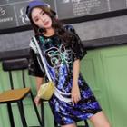Short-sleeve Number Print Sequined Mini T-shirt Dress As Shown In Figure - One Size