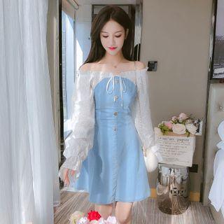 Eyelet Lace Off-shoulder Denim A-line Dress