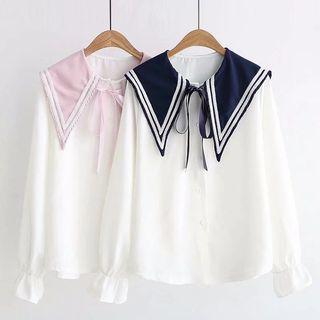 Contrast-trim Sailor Collar Long-sleeve Blouse
