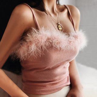 Spaghetti Strap Fluffy Trim Top