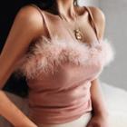 Spaghetti Strap Fluffy Trim Top