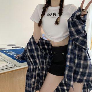 Plaid Shirt / Short-sleeve Butterfly Print T-shirt