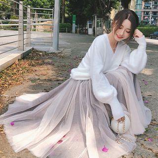 Set: V-neck Sweater + Mesh Midi Skirt