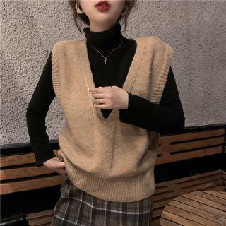 High-waist Plaid Skirt / Plain Knit Vest / Mock Neck Plain Top