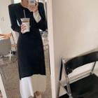 Long-sleeve Two-tone Maxi A-line Dress