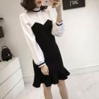 Frilled Neck Long-sleeve Mock Two-piece Dress