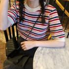 Striped Short-sleeve Knit Top / High Waist A-line Skirt