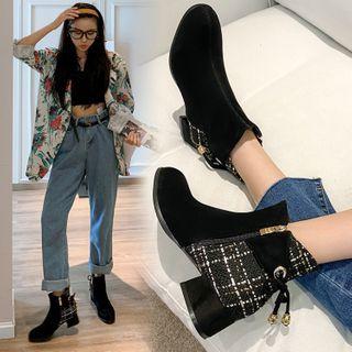 Faux Suede Tweed Panel Block-heel Ankle Boots