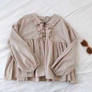 Plain V-neck Ruffled-trim Long-sleeve Blouse Almond - One Size