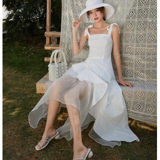Set: Ruffled Asymmetric Sleeveless Top + A-line Maxi Mesh Skirt