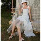 Set: Ruffled Asymmetric Sleeveless Top + A-line Maxi Mesh Skirt